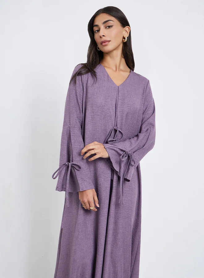 Amirah Amirah Purple Tie-Detail V Neck Jalabiya