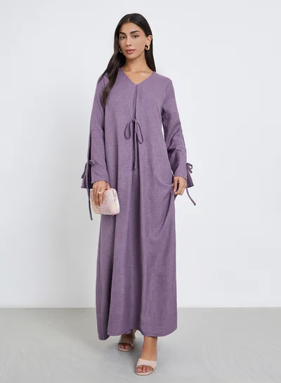 Amirah Amirah Purple Tie-Detail V Neck Jalabiya