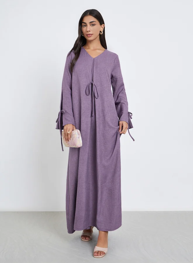 Amirah Amirah Purple Tie-Detail V Neck Jalabiya