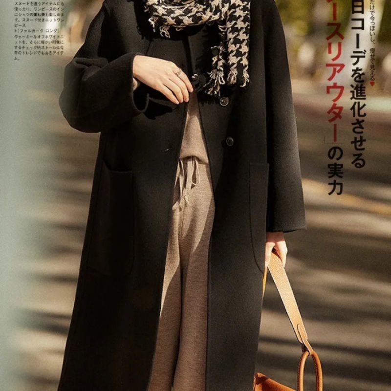 Cross-border plus size Womens Wool Coat Womens Mid-length 2024 Autumn and Winter New Loose High-end Double-sided Fluffy Trend Black - Image 1