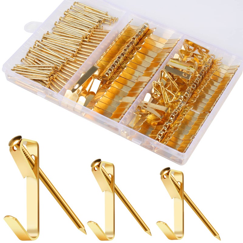 184 Pieces Picture Hanging Kit 20lb 30lb and 50lb Picture Hangers Metal Picture Hanging Hooks with Nails on Drywall Wooden WallGold