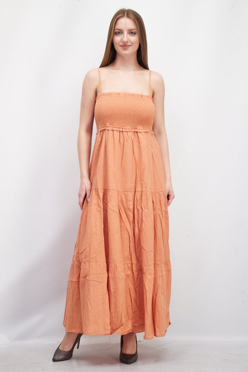 Lost + Wander Women Ruffle Neck Sleeveless Textured Maxi Dress, Peach - Image 1