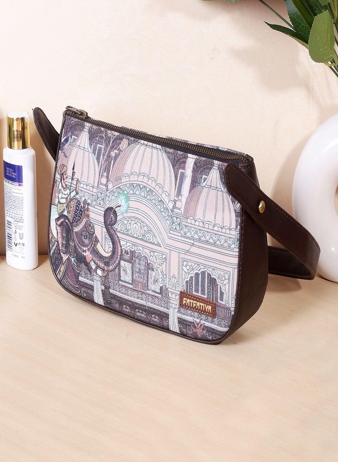 Fatfatiya Elephant Print Shoulder Bag for Women - Rajasthani Architecture Art Ethnic Baguette Purse with Adjustable Strap - Image 3