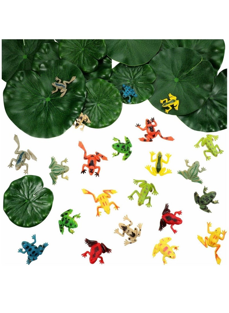 Plastic Frogs Set Includes 24 Pieces Tiny Plastic Frog and 12 Pieces Artificial Floating Lotus Leaves for Pond Pool Decoration Party Supplies  - Image 1