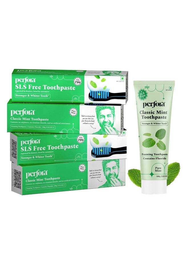 Perfora Classic Mint Toothpaste - (100g x 4) | Enamel Safe Teeth Whitening Toothpaste for Men & Women | For Strong & White Teeth | SLS, Titanium Dioxide & Sodium Saccharin Free | Pack Of 4 - Image 1