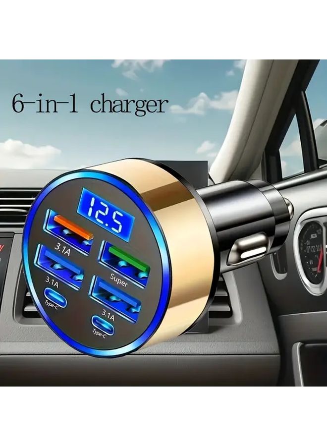 شاحن سيارة عالمي ذهبي بـ 6 منافذ، 4 منافذ USB و 2 منفذ PD لشحن فائق السرعة للهواتف والأجهزة اللوحية - Image 2
