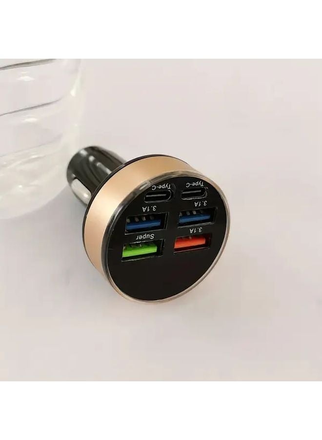 شاحن سيارة عالمي ذهبي بـ 6 منافذ، 4 منافذ USB و 2 منفذ PD لشحن فائق السرعة للهواتف والأجهزة اللوحية - Image 1
