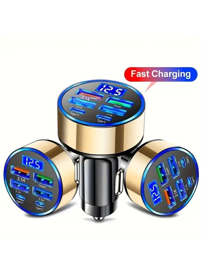شاحن سيارة عالمي ذهبي بـ 6 منافذ، 4 منافذ USB و 2 منفذ PD لشحن فائق السرعة للهواتف والأجهزة اللوحية - Image 4