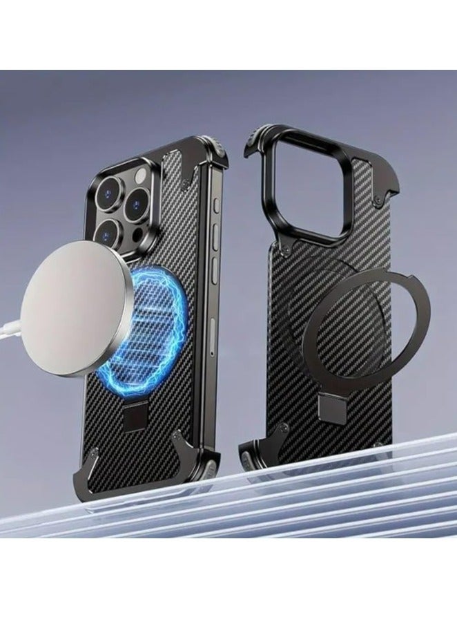 فوكس غطاء حماية معدني جديد بدون إطار لهاتف iPhone 15 Pro max مع Magsafe مع حامل حلقي وحامل غير مرئي - Image 3