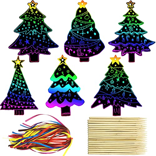 Aviski 96Pcs Christmas Tree Scratch Paper Rainbow Color Scratch Ornaments Christmas Decorations Hanging Craft Art Kits with Wooden Stick and Ribbon for Kids Christmas Winter Party Favors - Image 1