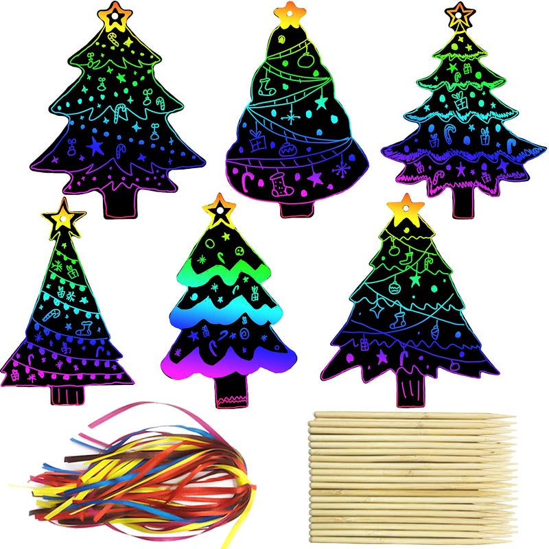 Aviski 96Pcs Christmas Tree Scratch Paper Rainbow Color Scratch Ornaments Christmas Decorations Hanging Craft Art Kits with Wooden Stick and Ribbon for Kids Christmas Winter Party Favors - Image 3
