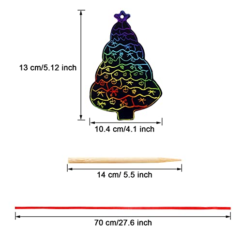 Aviski 96Pcs Christmas Tree Scratch Paper Rainbow Color Scratch Ornaments Christmas Decorations Hanging Craft Art Kits with Wooden Stick and Ribbon for Kids Christmas Winter Party Favors - Image 5