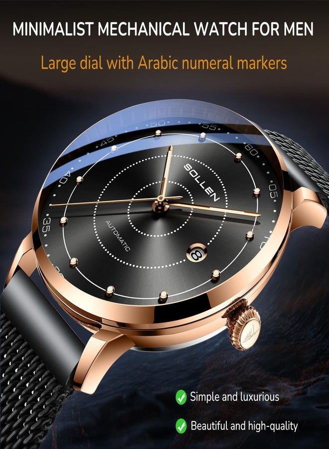 SOLLEN Men's Minimalist Automatic Watch, Imported Mechanical Movement - 3ATM Waterproof - Luminous Hands and Stainless Steel Case, Luxury Self-Winding Men's Wrist Watches with Calendar, Gifts for Men - Image 4