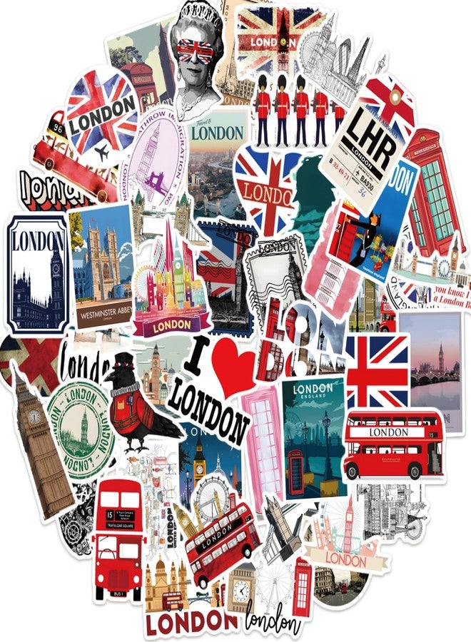Anboor England Travel Stickers 50Pcs Vintage London Stickers Set for Kids Adults British Theme Party,Cartoon UK Travel Vinyl Waterproof Bottle Phone Skateboard Laptop Luggage Car Sticker Packs - Image 1