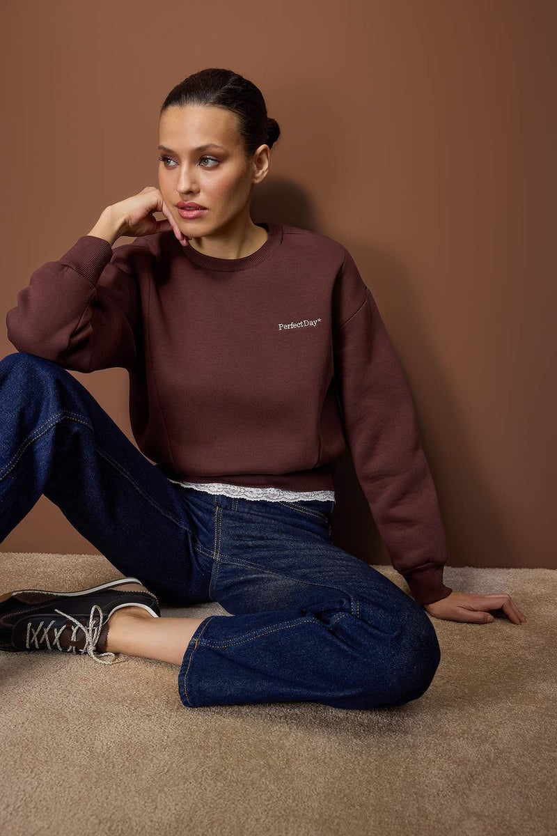 trendyol Teen Brown Regular Lace Detailed Slogan Embroidered Thick Fleece Knitted Sweatshirt - Image 2