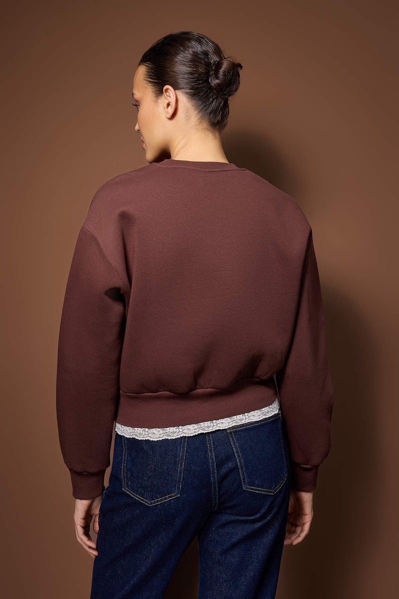 trendyol Teen Brown Regular Lace Detailed Slogan Embroidered Thick Fleece Knitted Sweatshirt - Image 4