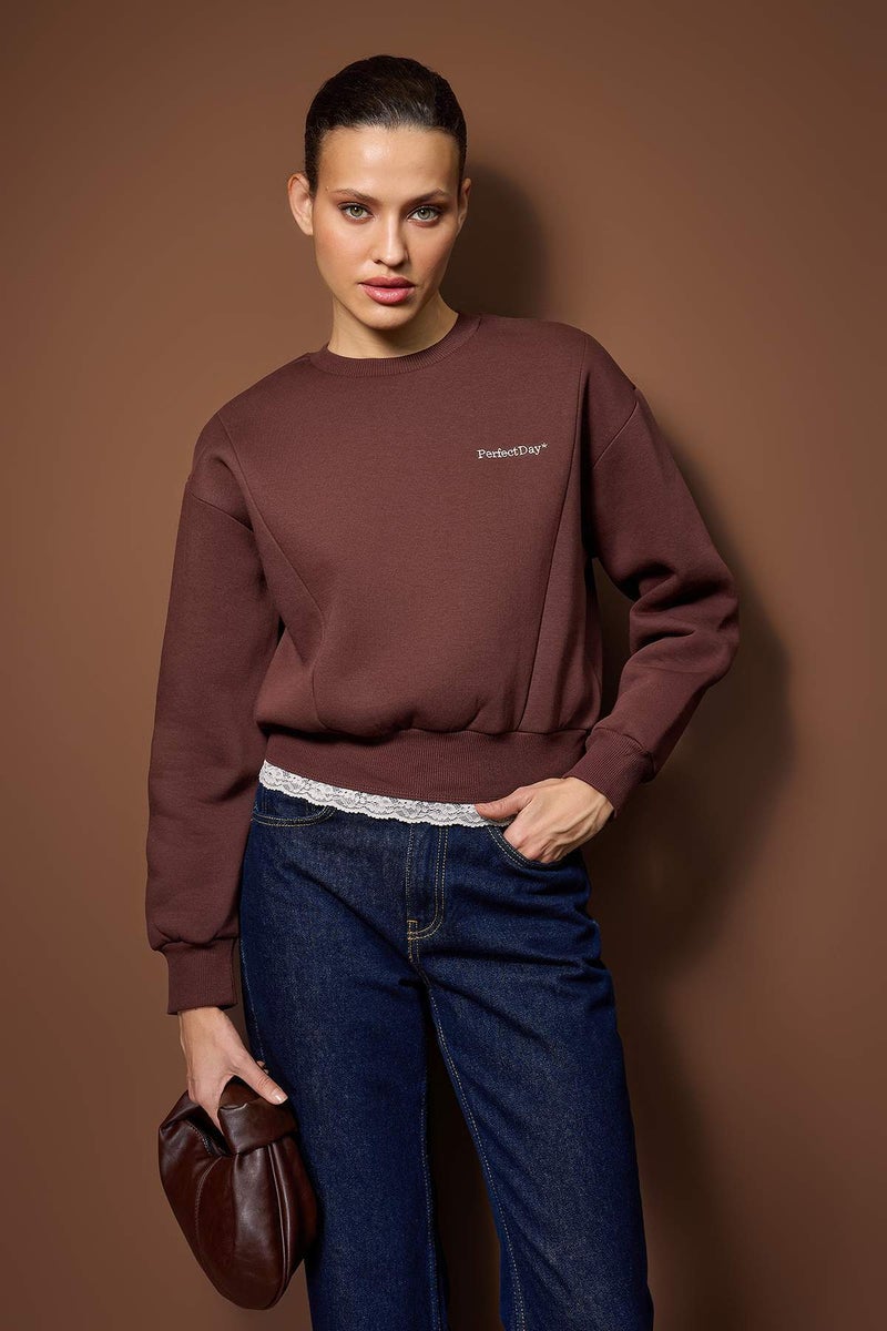 trendyol Teen Brown Regular Lace Detailed Slogan Embroidered Thick Fleece Knitted Sweatshirt - Image 1