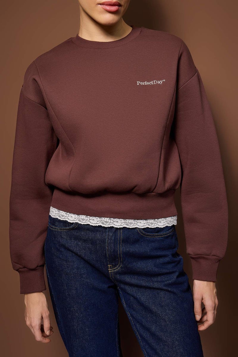 trendyol Teen Brown Regular Lace Detailed Slogan Embroidered Thick Fleece Knitted Sweatshirt - Image 3