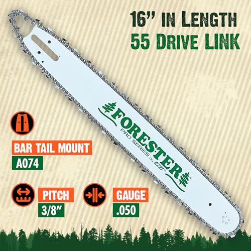 FORESTER 16" Replacement Chainsaw Bar & Chain Combo - 16in Length, 3/8” EXT Pitch, .050 Gauge, A074 Mount, 55 Drive Link - Replacement Chain Saw Parts Kit For Stihl - Image 2