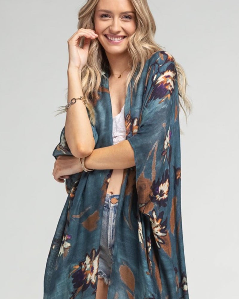 Moss Rose Women's Beach Cover up Swimsuit Kimono Cardigan with Bohemian Floral Print Blue - Image 2