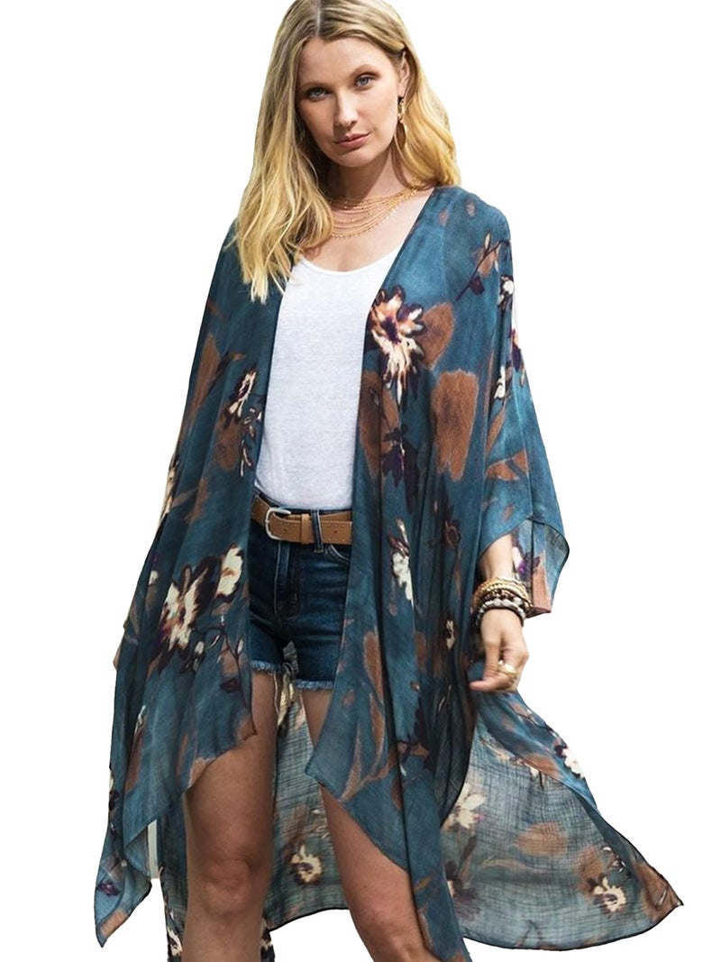 Moss Rose Women's Beach Cover up Swimsuit Kimono Cardigan with Bohemian Floral Print Blue - Image 1