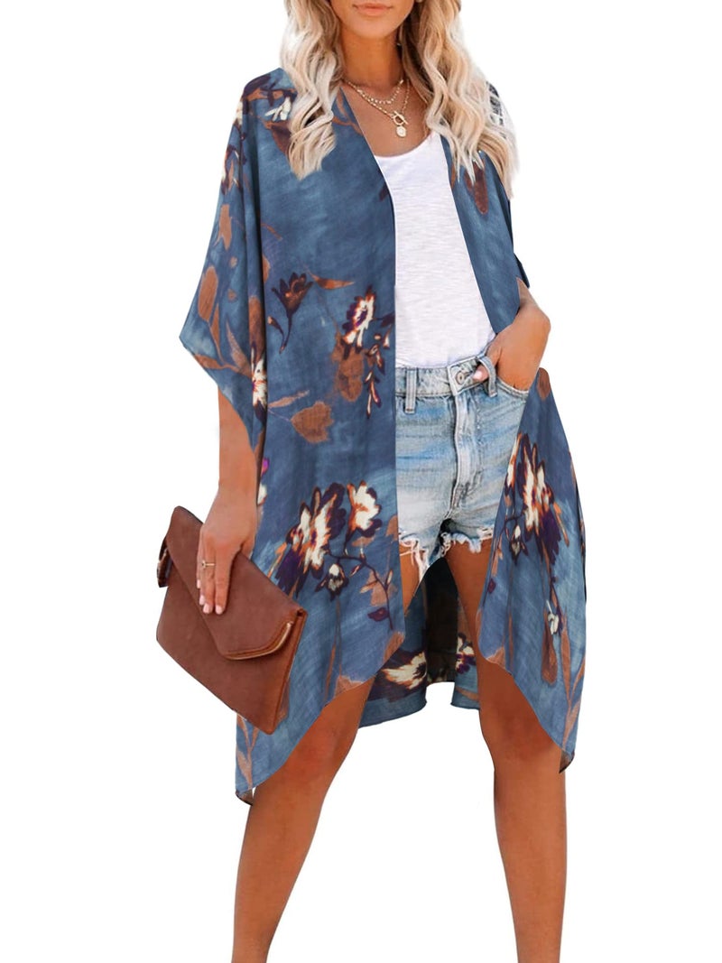 Moss Rose Women's Beach Cover up Swimsuit Kimono Cardigan with Bohemian Floral Print Blue - Image 3