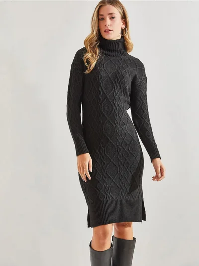 Bianco Lucci LUCCI Textured Turtleneck Fitted Knit Dress