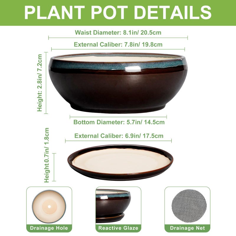 Sqowl Succulent Planters 8 Inch - Ceramic Bonsai Pots With Drainage Hole And Ceramic Saucer  Round Shallow Planter For Indoor Plant  Bowl Planter Outdoor  Desk Decor  Gift For Plant Lover  Blue-Brown - Image 2