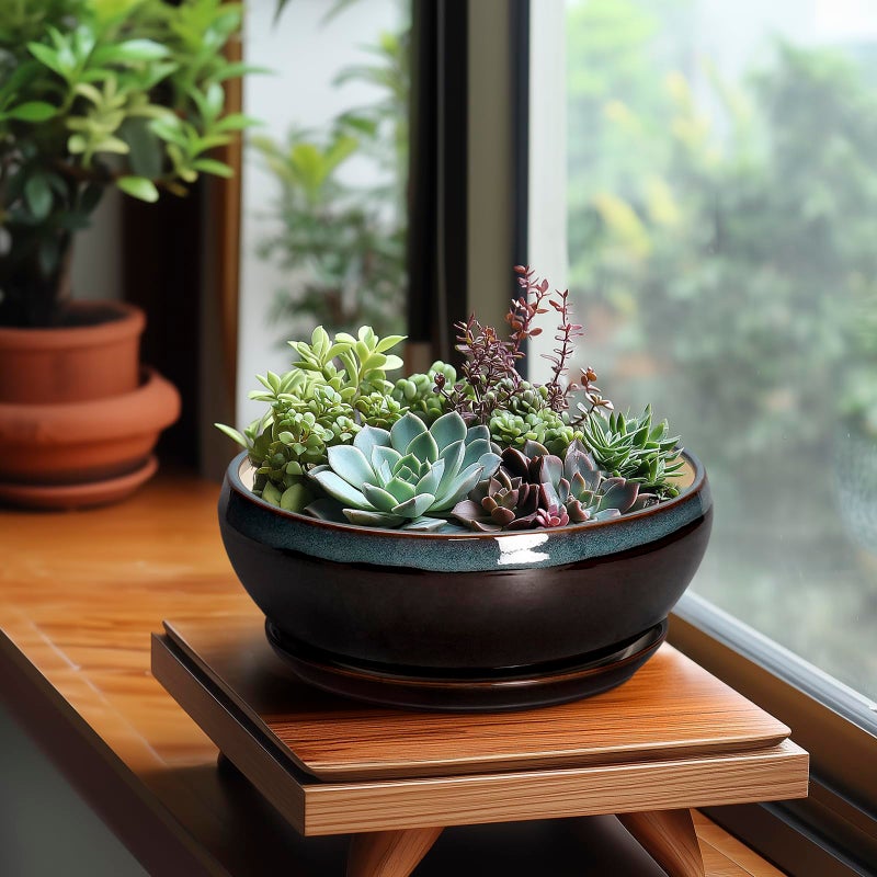 Sqowl Succulent Planters 8 Inch - Ceramic Bonsai Pots With Drainage Hole And Ceramic Saucer  Round Shallow Planter For Indoor Plant  Bowl Planter Outdoor  Desk Decor  Gift For Plant Lover  Blue-Brown - Image 3