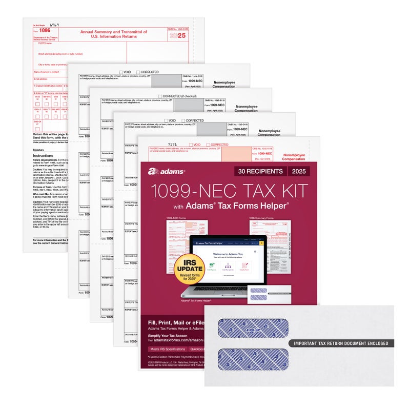 Adams 1099 NEC Forms 2025, 4-Part Kit for 30 Recipients, Includes 30 Envelopes, 3 1096 Forms, QuickBooks Compatible, eFile Access and Printing Through Adams Tax Forms Helper Software (1017234) - Image 1