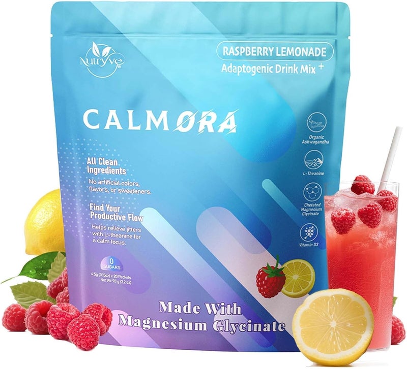 CALMORA Adaptogenic Relaxation Drink Mix - Raspberry Lemonade with L-Theanine, Ashwagandha & Magnesium Glycinate |Sugar-Free, Non-GMO, 20 Single-Serve Packets - Image 1