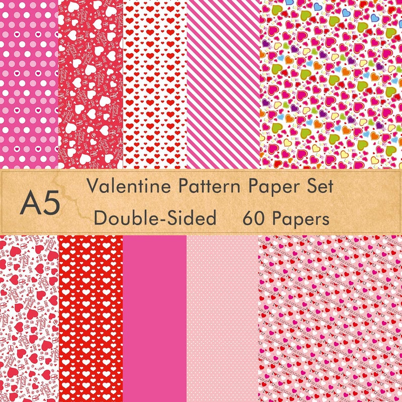 FEPITO 60 Sheets Valentine Pattern Paper Set, 14 x 21cm Decorative Paper for Card Making Scrapbook Decoration Valentine's Day Supplies,10 Designs - Image 1
