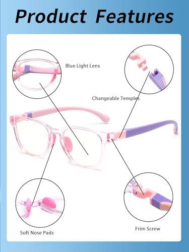 JM Kids Blue Light Glasses, Computer Gaming Grasses for Girls Boys Age 3-10, Anti Blue Ray TR90 Eyeglasses Pink Square Style - Image 3