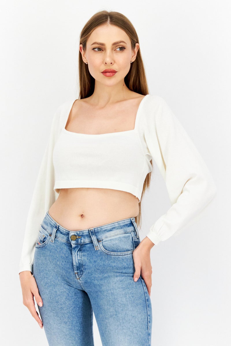 NA-KD كنزة محبوكة قصيرة ذات رقبة مربعة للنساء، بيضاء - Image 1