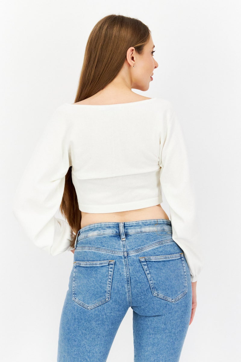 NA-KD كنزة محبوكة قصيرة ذات رقبة مربعة للنساء، بيضاء - Image 2