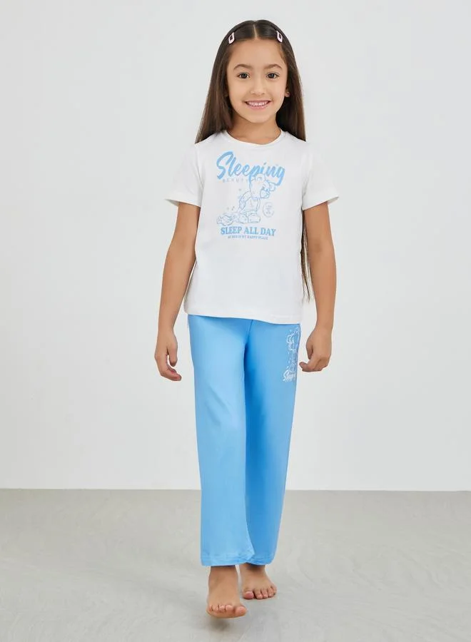 ستايلي Styli Slogan Bear Print T-Shirt and Pyjama Set