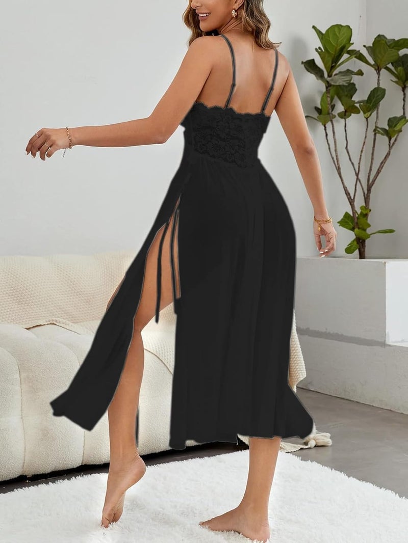 RioDebella Women's Lace Bodice Split Maxi Nightgown, Spaghetti Strap Sleepwear - Image 2