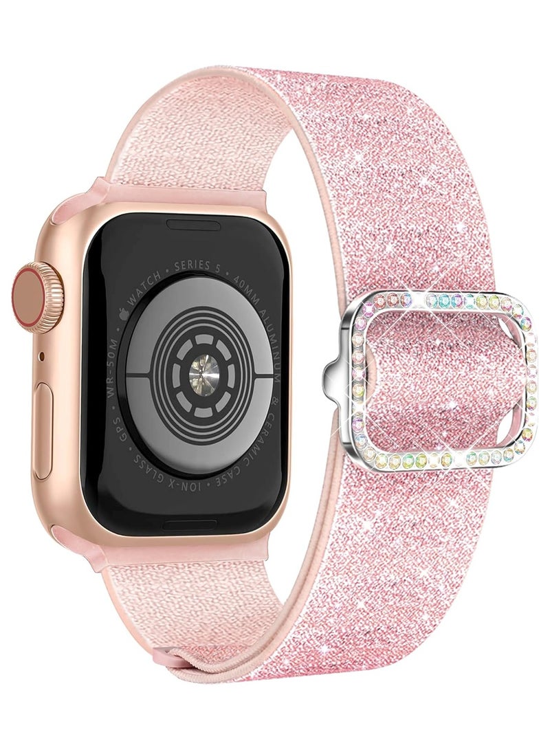 Bling Stretchy Nylon Band Compatible with Apple Watch Band 42mm 44mm 45mm 46mm 49mm for Women, Sparkly Elastic Solo Loop Bands for iWatch Series 10/9/8/7/6/5/Ultra/Ultra 2 (Pink) - Image 1