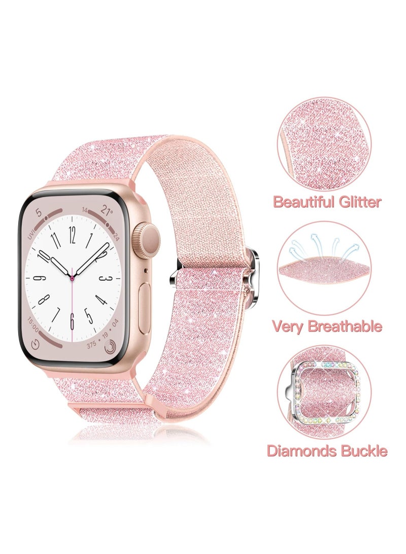 Bling Stretchy Nylon Band Compatible with Apple Watch Band 42mm 44mm 45mm 46mm 49mm for Women, Sparkly Elastic Solo Loop Bands for iWatch Series 10/9/8/7/6/5/Ultra/Ultra 2 (Pink) - Image 5