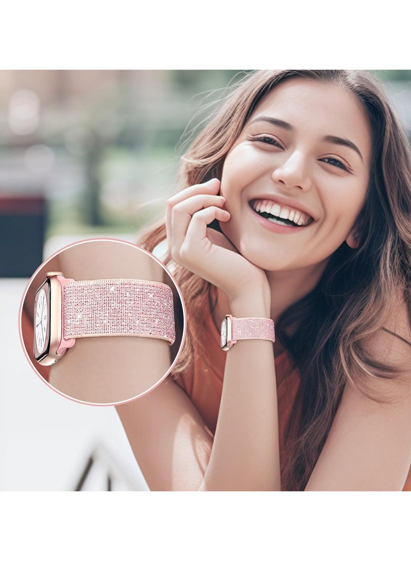 Bling Stretchy Nylon Band Compatible with Apple Watch Band 42mm 44mm 45mm 46mm 49mm for Women, Sparkly Elastic Solo Loop Bands for iWatch Series 10/9/8/7/6/5/Ultra/Ultra 2 (Pink) - Image 4