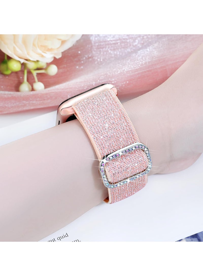 Bling Stretchy Nylon Band Compatible with Apple Watch Band 42mm 44mm 45mm 46mm 49mm for Women, Sparkly Elastic Solo Loop Bands for iWatch Series 10/9/8/7/6/5/Ultra/Ultra 2 (Pink) - Image 3