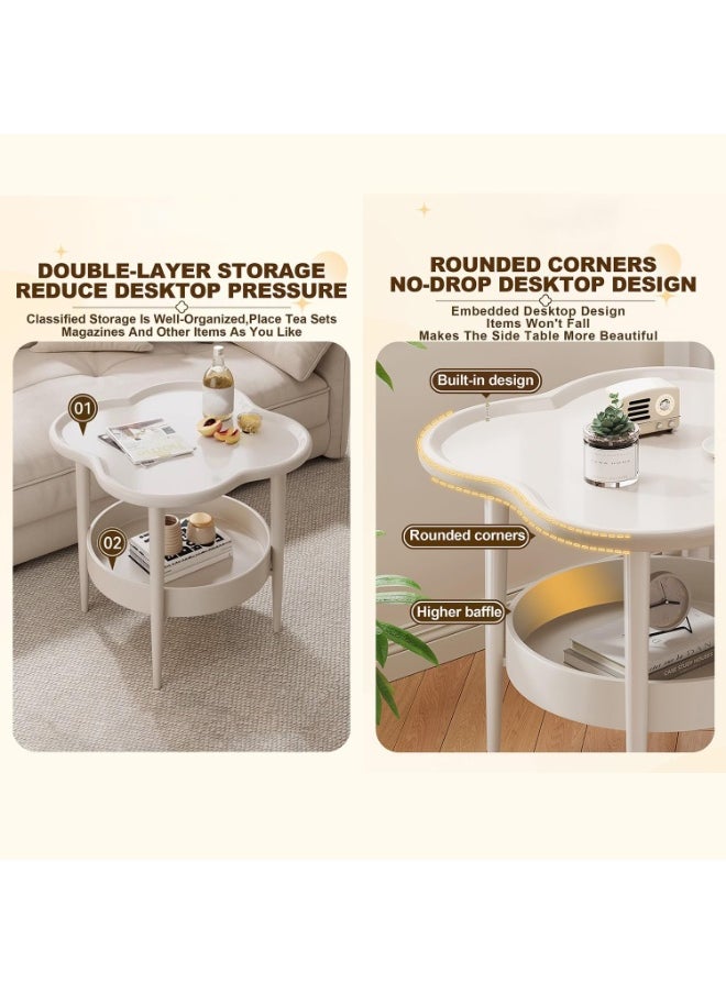 2 Tier Side Table with Storage Shelf, Removable Petal Shape Tray Table, Plastic End Table Sofa Couch Table,  Simple Double-Layer Coffee Tables Steel Tray Table,Modern Flower Shaped Tea Table Coffee Table, Mid-Century Style Bedside Tables, Suitable for Bedroom/Hallway/Study Room/Office