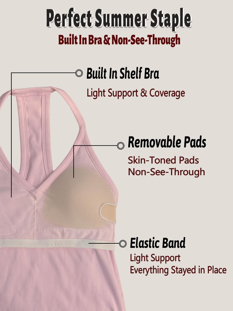 Danysu V Neck Racerback Built-in Bra Tank Tops for Women Trendy Cotton Ribbed Basic Halter Top Pastel Pink S - Image 4