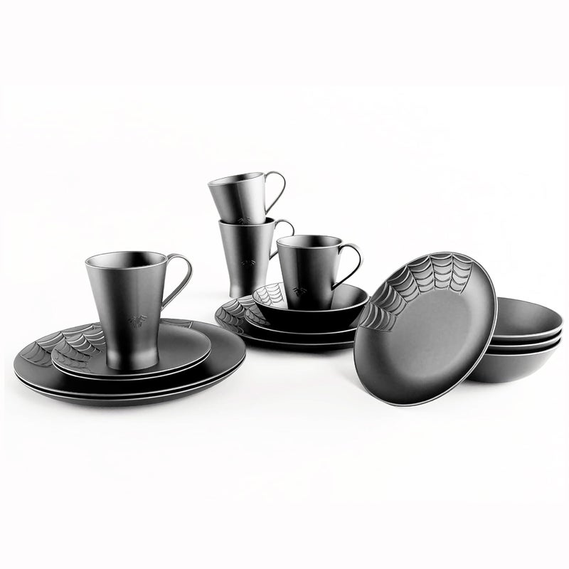 Nomnu Spiderweb Dinnerware Set (16 Pieces) - Goth Dinnerware Set - Black Matte Porcelain - 4 Dinner Plates 4 Salad Plates 4 Bowls 4 Mugs - Halloween Spooky Dishes Gothic Kitchen Decor Gifts - Image 1
