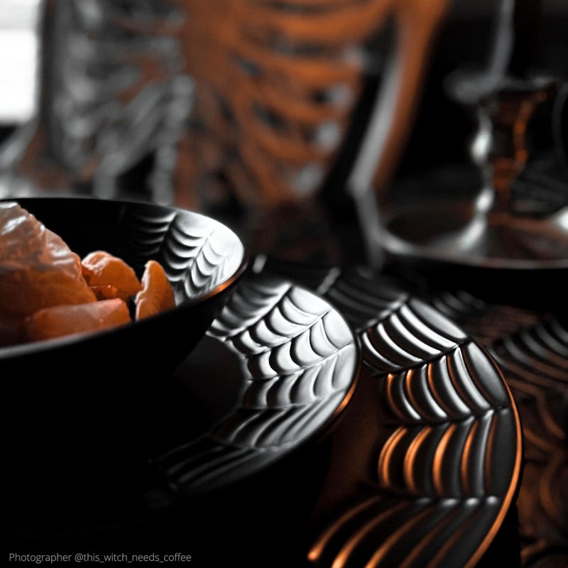Nomnu Spiderweb Dinnerware Set (16 Pieces) - Goth Dinnerware Set - Black Matte Porcelain - 4 Dinner Plates 4 Salad Plates 4 Bowls 4 Mugs - Halloween Spooky Dishes Gothic Kitchen Decor Gifts - Image 3