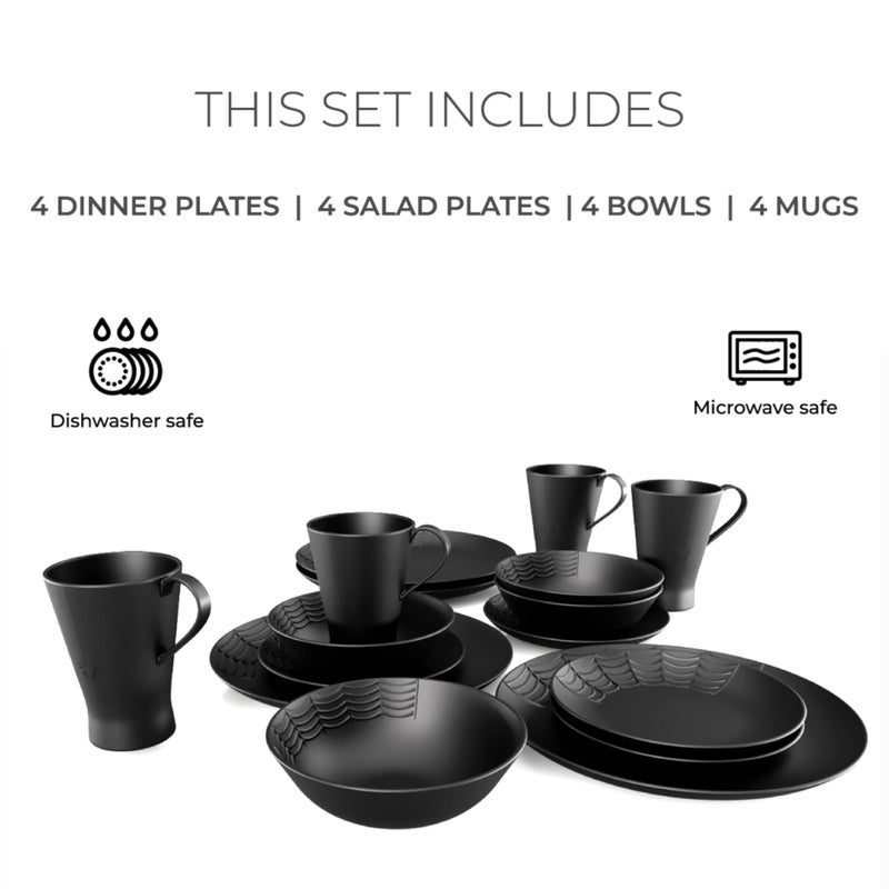 Nomnu Spiderweb Dinnerware Set (16 Pieces) - Goth Dinnerware Set - Black Matte Porcelain - 4 Dinner Plates 4 Salad Plates 4 Bowls 4 Mugs - Halloween Spooky Dishes Gothic Kitchen Decor Gifts - Image 5