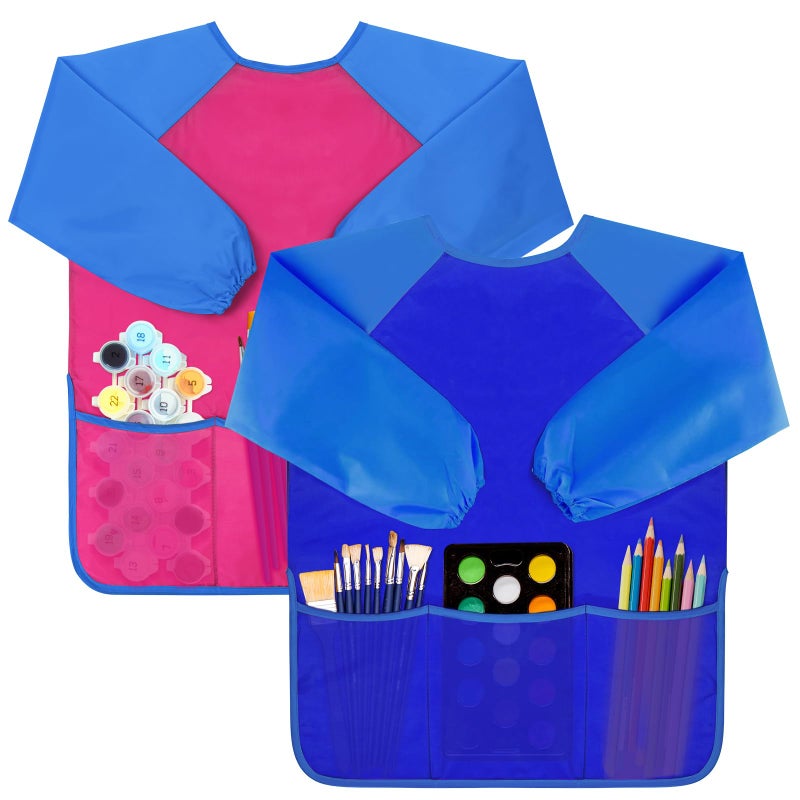 Bassion 2 Pack Kids Art Smock Toddlers Painting Aprons Colorful Waterproof Children Artist Smock with Long Sleeve 3 Roomy Pockets for Age 28 Years GiftsPink Blue - Image 2