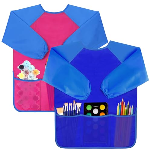 Bassion 2 Pack Kids Art Smock Toddlers Painting Aprons Colorful Waterproof Children Artist Smock with Long Sleeve 3 Roomy Pockets for Age 28 Years GiftsPink Blue - Image 1