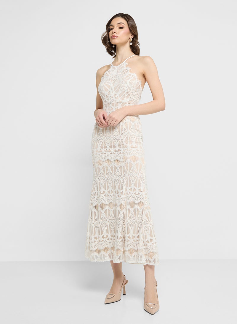 ايلا فستان ميدي دانتيل بياقة هالتر - Image 1