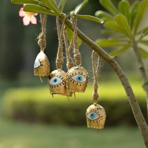 DULI Pack of 5 Rustic Mini Bell – Vintage Brass Hanging Bells for Decor & Craft (Wholesale), Wall Art, Diwali Decor, Home Decor Hanging Bells (PackOf5WhiteEyeGoldenBell-1.75inch) - Image 1